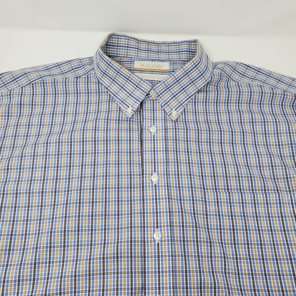 Roundtree & Yorke Shirt Mens 19 34/35 Gold Label Blue Plaid Button-Down Poplin